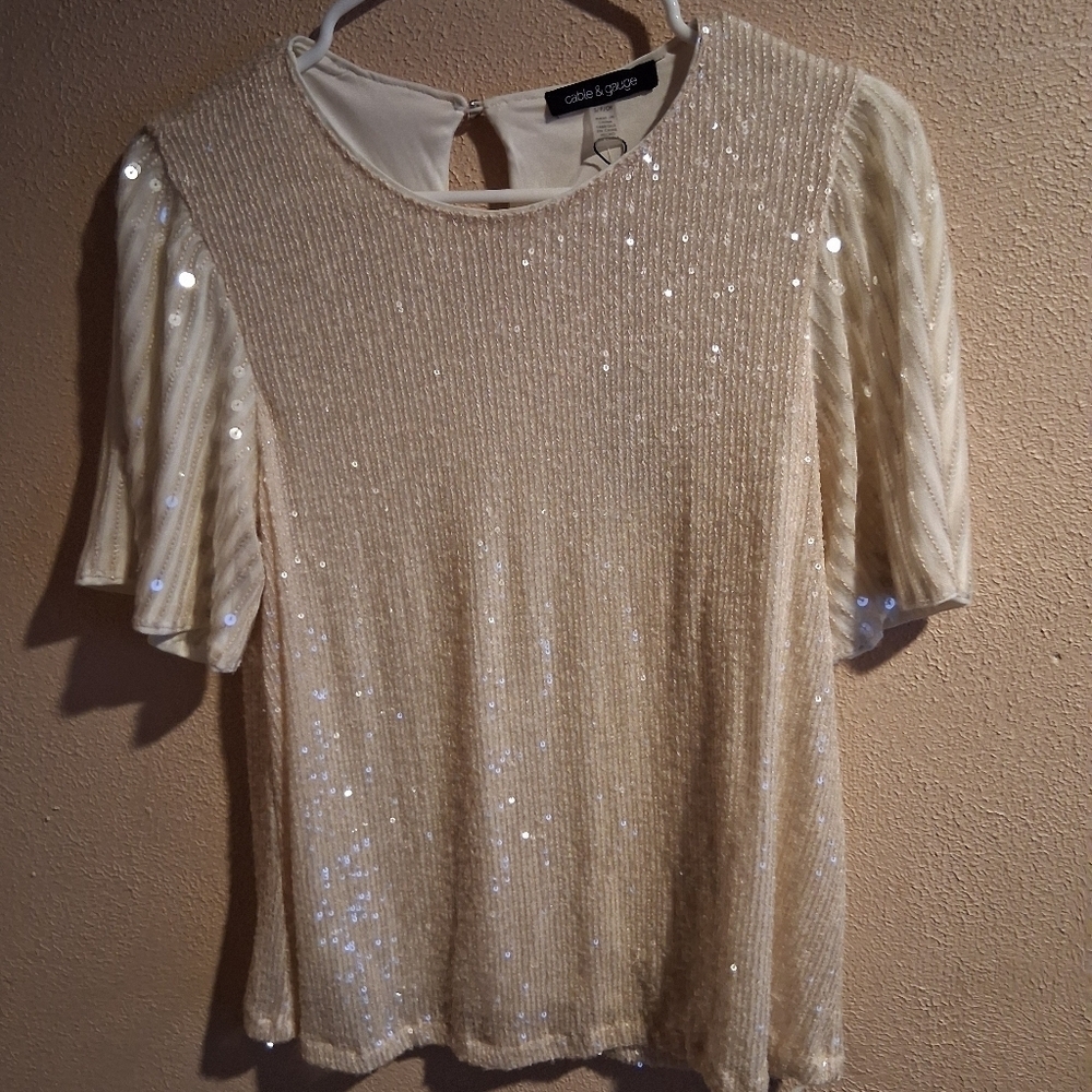 Cable & Gauge Off-White Sequins Top Blouse S NWT Holiday Party Nye